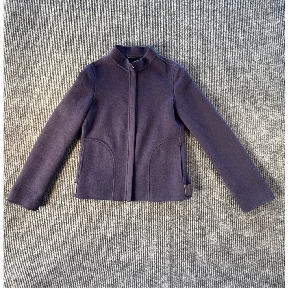 Loro Piana 100% Cashmere Mock Neck Zip Jacket Purple Navy Leather Trim Size 36